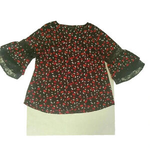 Women's LANE BRYANT Cherry Print Top SZ 14/16‎ Lace 3/4 Long Sleeve Blouse Shirt